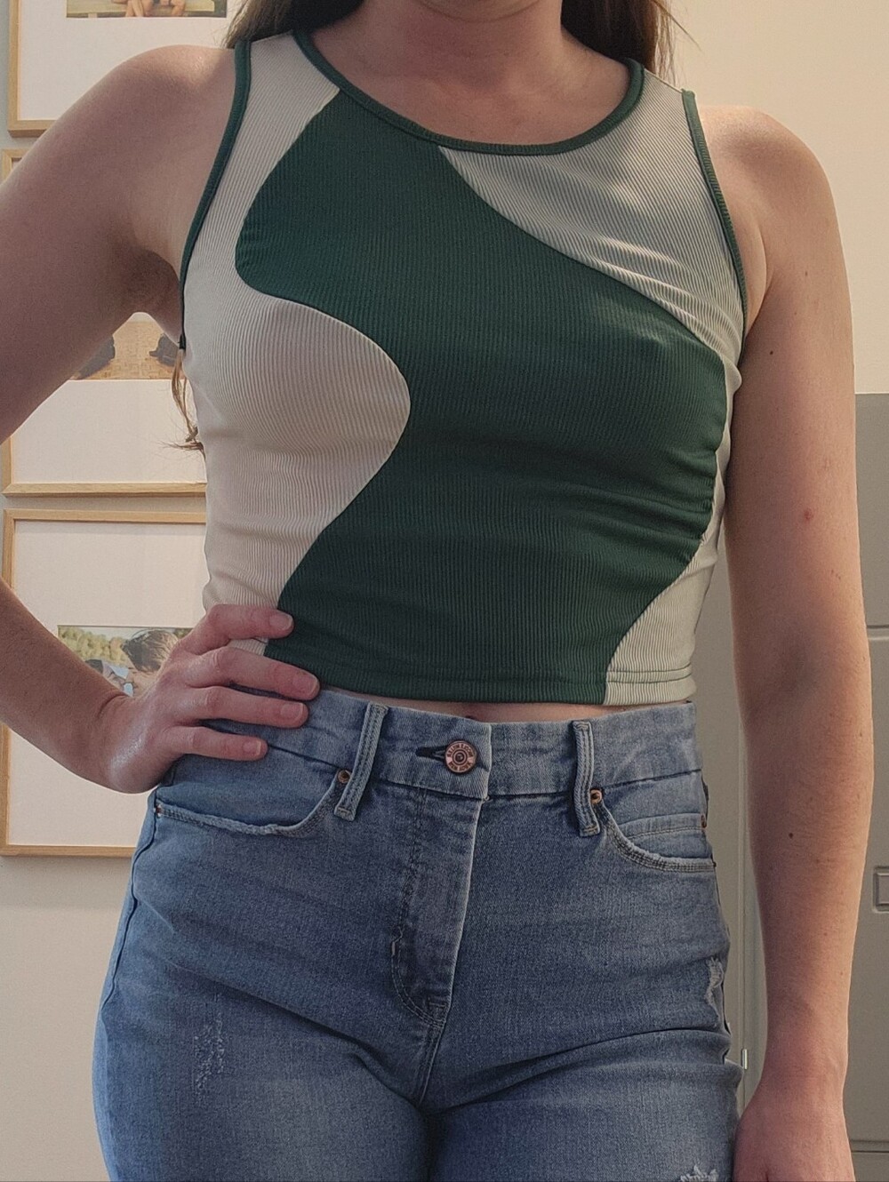 Women's Green Squiggle Colorblock Contrast Ribbed Crop Tank Top